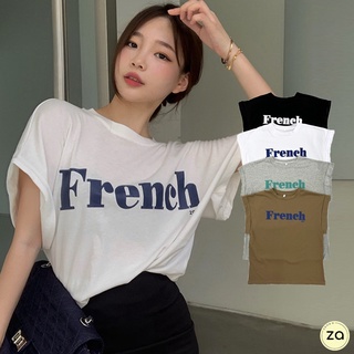 💥HOT SALE💥เสื้อยืดแต่งสกรีนลาย French คอกลมแขนกุด 4 สี