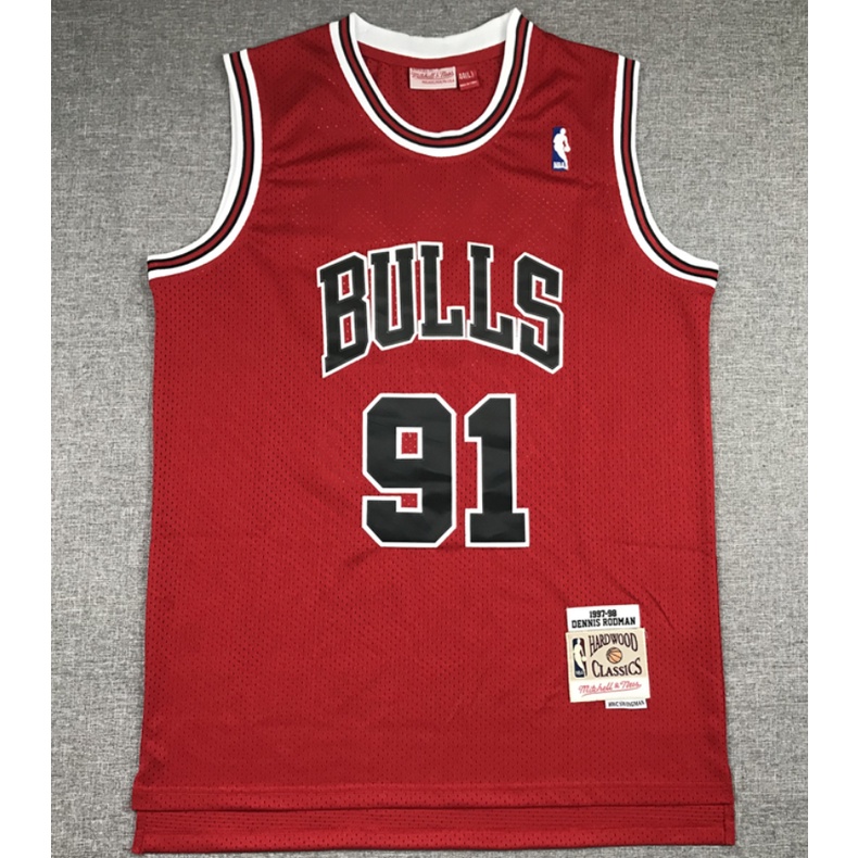 1997-98 ผู้ชาย NBA ใหม่s Chicago Bulls #91 เสื้อบาสเก็ตบอลปักย้อนยุค Dennis Rodman สีแดง
