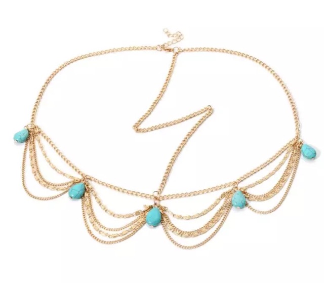 พร้อมส่ง 🇹🇭 กทม สร้อยหน้าผาก สไตล์อินเดีย สร้อยประดับผม สีทอง หินสีฟ้า ติกะหน้าผาก สไตล์โบฮีเมียน เก๋ๆ - รูปที่ 4