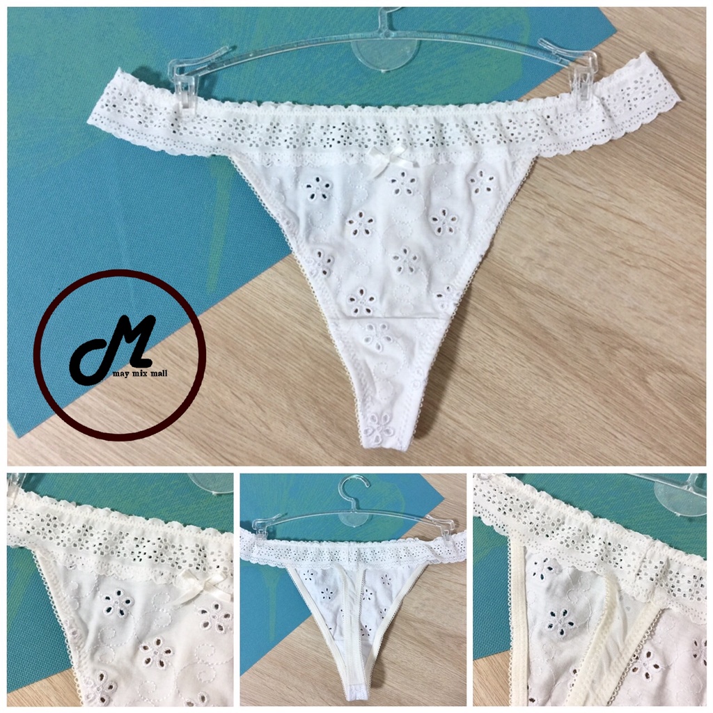 MG7-050(B7-G084-123)จีสตริงสีขาวผ้าคอตตอนผสมสแปนเด็กซ์นุ่มๆยืดได้,ในเนื้อผ้ามีลายฉลุ,ไซส์L-XL,เอว28ย