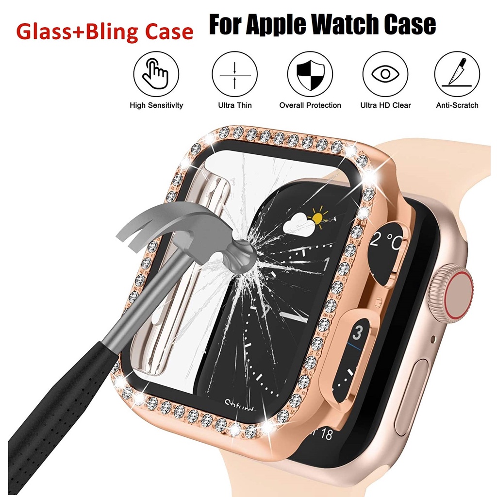 เคส applewatch Case ระยิบระยับ รูปสี่เหลี่ยมขนมเปียกปูน Hard PC+Tempered Glass Cover i watch series 7 SE 6 5 4 3 2 Apple watch series 7 case Diamond bumper size 38mm 40mm 41mm 42mm 44mm 45mm เคส applewatch series 7