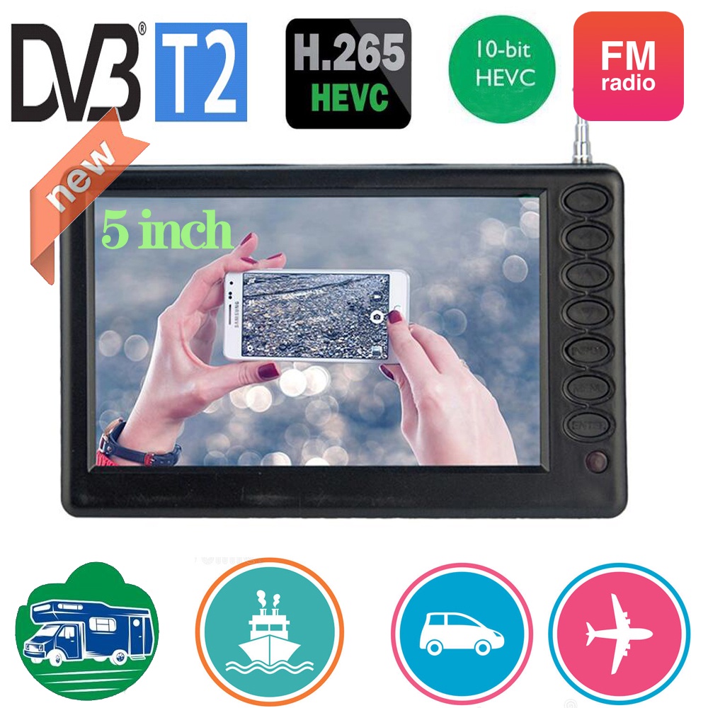 Leadstar 5 นิ้วแบบพกพา Mini Digital tv พร้อม DVB-T2 FM ATV USB Playback แบตเตอรี่ในตัวกระเป๋า tv นาฬิกาใดๆ D5
