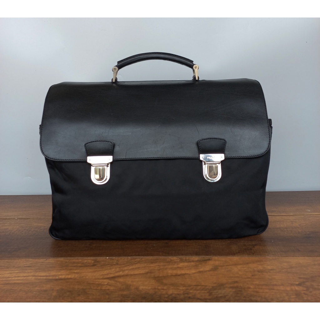 Prada Double Vintage and Leather Buckle Briefcase Black Nylon Laptop Bag
