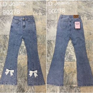 G.D.Jeans รุ่น 90278#กางเกงยีนส์แฟชั่นขายาวผ้ายืดเอวสูงสีฟอกทรงขาม้าเล็กต่อมุกปลายขาพร้อมแต่งโบแบบเก๋ๆ