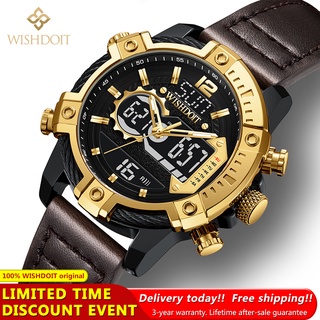 [Shopee Mall] WISHDOIT Mens watch Waterproof Sports watches Leather strap LED Dual display watch