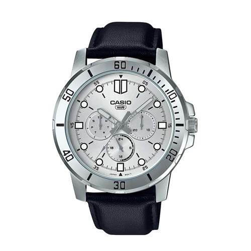 Casio นาฬิกาข้อมือผู้ชาย สายหนัง สีดำ/หน้าปัดสีเงิน รุ่น MTP-VD300L-7EUDF