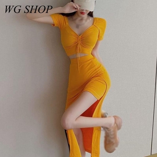 Wg SHOP เสื้อท็อป คอวี แต่งลูกไม้ สุดเซ็กซี่ และกระโปรงยาวครึ่งตัว สไตล์เกาหลี สําหรับผู้หญิง