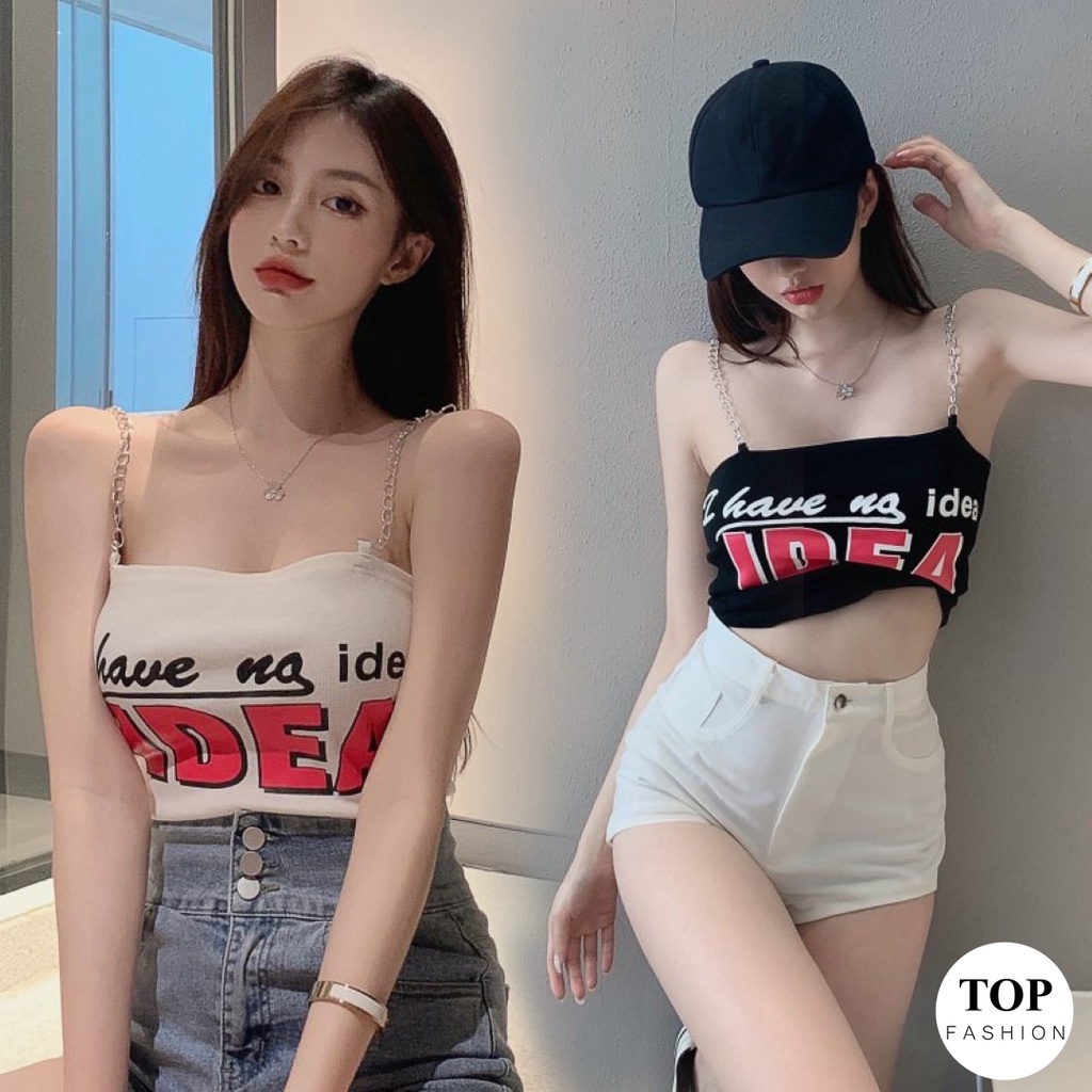 พร้อมส่งไทย ราคาถูก เสื้อครอปสายเดี่ยว แต่งสายโซ่ ผ้าร่อง ใส่สบาย สกรีนตัวอักษรลาย IDEA 2 สี แฟชั่น
