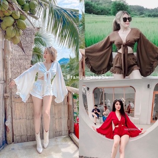 ชุดเซ็ต2ชิ้น เสื้อแขนยาวแขนระบาย ผูกโบว์ที่อก+กางเกงเอวสูง ชุดไปทะเล