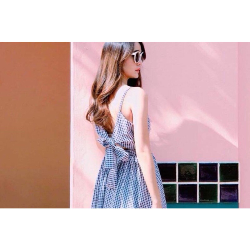 Polka diot เดรสลายสก็อตสีน้ำเงิน ฟรีไซส์