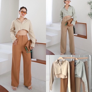 New! lady casual set 🤎(ทั้งชุด590฿ฟรีส่ง) ชุดเซทเชิ้ตแขนยาว ปลายเสื้อแต่งขาดรุ่ย สวยดูแพง กางเกงเอวสูง แต่งห่วงที่ขอบเอว