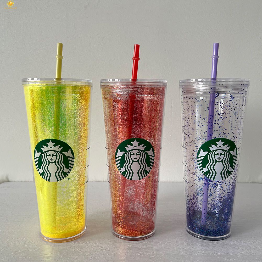 Ins สไตล์ Starbucks ทุเรียนถ้วยแก้วฟางถ้วยสองชั้นเลเซอร์แฟลชผงแก้วกาแฟส่องแสงเพชรของขวัญถ้วย710มิลลิลิตร/24ออนซ์