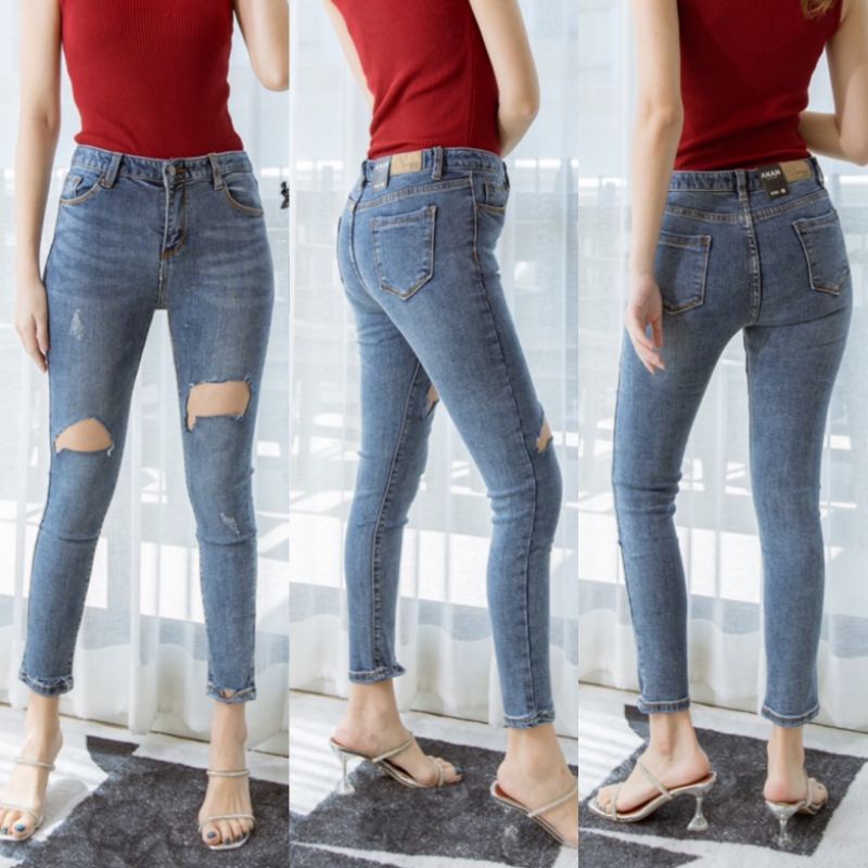 AN8855# กางเกงยีนส์ทรงเดฟ เอวกลาง