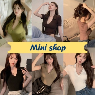 Miin shop🌸พร้อมส่ง🌸(DX-9732-H/D15) เสื้อบอดี้สูทไหมพรมดีเทลหน้าวีแต่งคอปกแขนสั้น สายฝอมาก