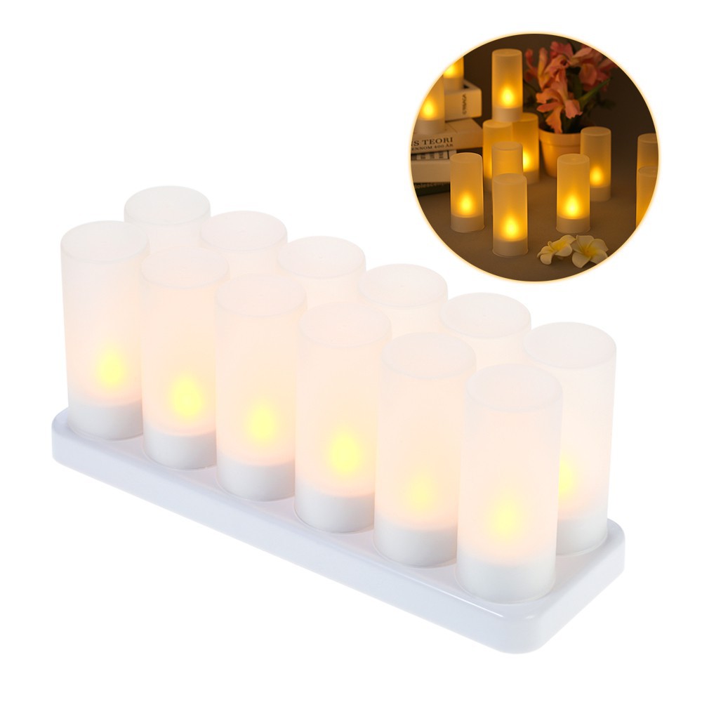 เทียนไฟ LED แบบชาร์จไฟได้ ไร้เปลวไฟ พร้อมฐานชาร์จ สีเหลือง จํานวน 12 ชิ้น ต่อชุด