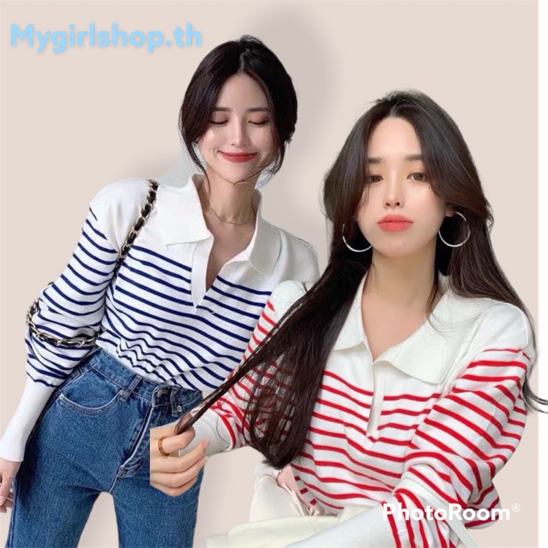 MYGRILSHOP.TH เสื้อลายทางปกสีพื้นเกาหลี+วินเทจ 8281