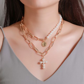Women Exaggerated Pearl Cross Pendant Necklace Beauty Head New
