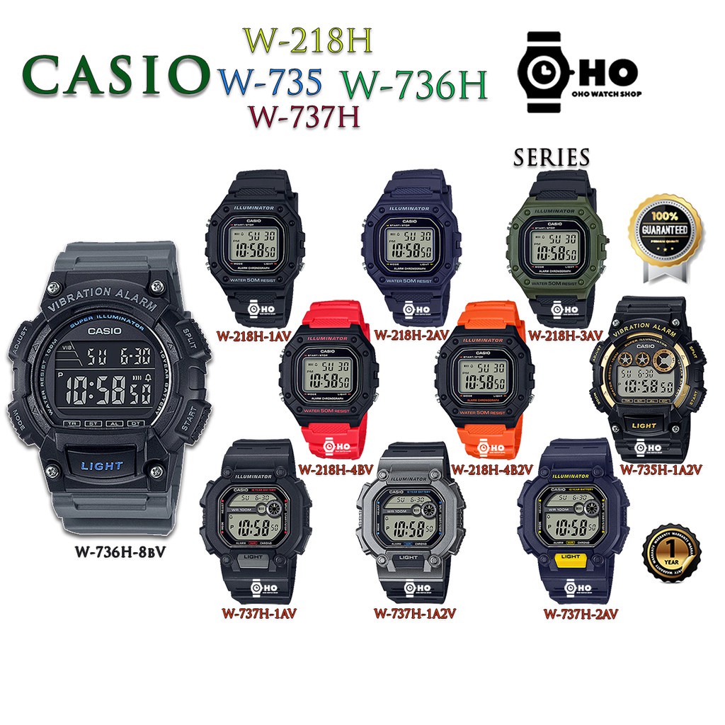 Casioของแท้100% สายเรซิ่นรุ่น W-218H-1A,W-218H-2A,W-218H-3A,W-218H-4B,W-218H-4B2,W-737H-1A,W-735H-1A