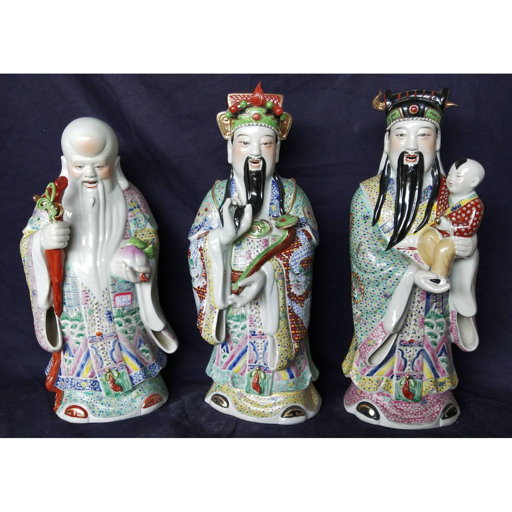 ฮกลกซิ่ว เทพเจ้าจีน งานกังไสแท้ เขียนมือทั้ง องค์งานละเอียดสวยงาม ขนาด 22 นิ้ว 福禄寿精品陶瓷