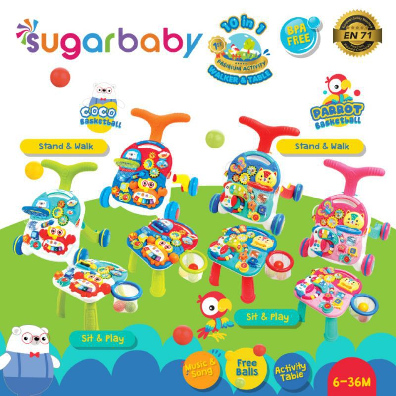 โต๊ะกิจกรรมระดับพรีเมียม Sugarbaby 10in1 และวอล์คเกอร์แบบกด / Baby Walker / โต๊ะเล่นเพื่อการศึกษา