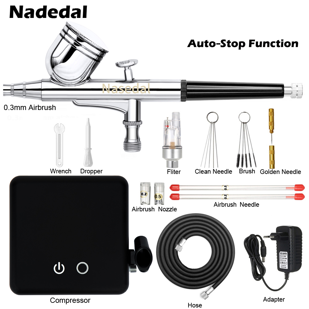 Nasedal Dual-Action Airbrush Spray Tool Auto Stop Compressor Kit Nail Art Model