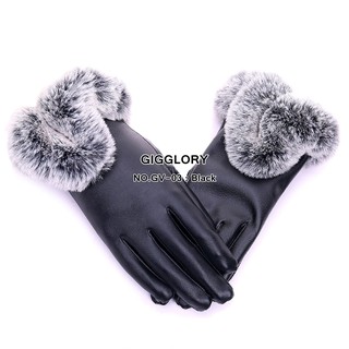 ❄️ พร้อมส่ง ถุงมือหนังPU ขอบแต่งเฟอร์ (No.GV-03)