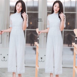 AK 9122 Jumpsuit จั้มสูทแขนสั้น ขายาว ปักลายดอกไม้