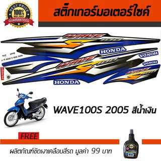 สติ๊กเกอร์ติดรถ สติ๊กเกอร์มอไซค์ สติ๊กเกอร์แต่งรถ Honda Wave100S 2005 สีน้ำเงิน ฟรี!!น้ำยาเคลือบเงา