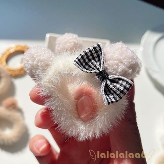 LAA6-Plush Ear Decor Plaid Patten Bow Elastic Hair Ring Daily Decoration Universal Accessory