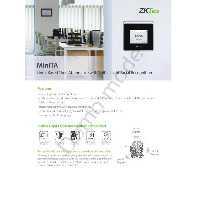 MINITA ZKTeco WiFi เครื่องสแกนใบหน้า สำหรับลงเวลา เข้า ออกนักงาน ใส่แมสสแกนได้