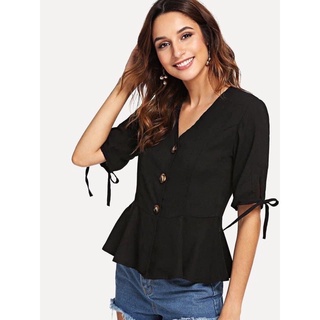 SHEIN Black Ruffle Blouse แขนผูกโบว์