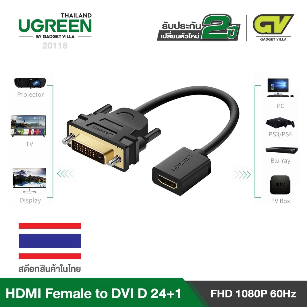UGREEN สาย HDMI Female to DVI 24+1 DVI-D Male Adapter 22cm. Gold Plated รุ่น 20118