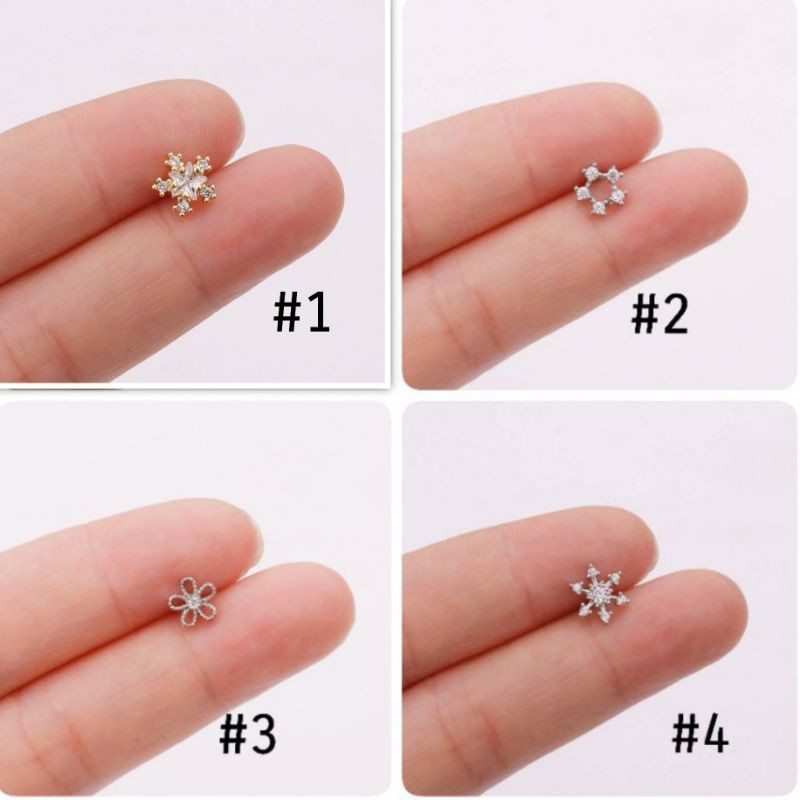 BBLOGO8 จิวแฟนชั่นเกาหลี ลายดอกไม้ฝังเพชร ก้าน 0.8ยาว 6mm