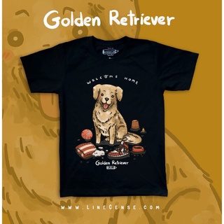 Tee Golden Retriever " welcome home " Dog on Black T-shirt เสื้อยืด สีดำ พรีเมียม ลายน้องหมาโกลเด้น