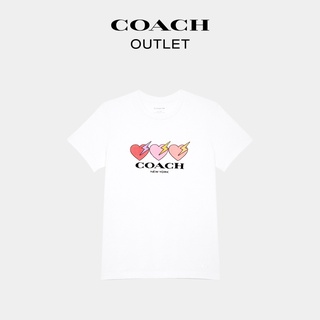 Coach เสื้อยืดลําลอง ผ้าฝ้าย พิมพ์ลายหัวใจ สามแฉก สําหรับสตรี