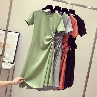 Triple A💕 dress midi dresses fashion dress Tucked waist slim drawstring skirt Korean student T-shirt skirt Avocado Green Dress