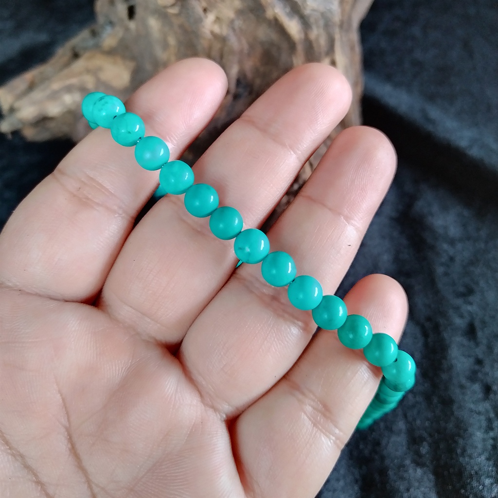 สร้อยคอหินเทอร์คอยซ์ หรือ พลอยสีขี้นกการเวก (Turquoise) ขนาด 6 มิล พลอยแท้จากประเทศทิเบต