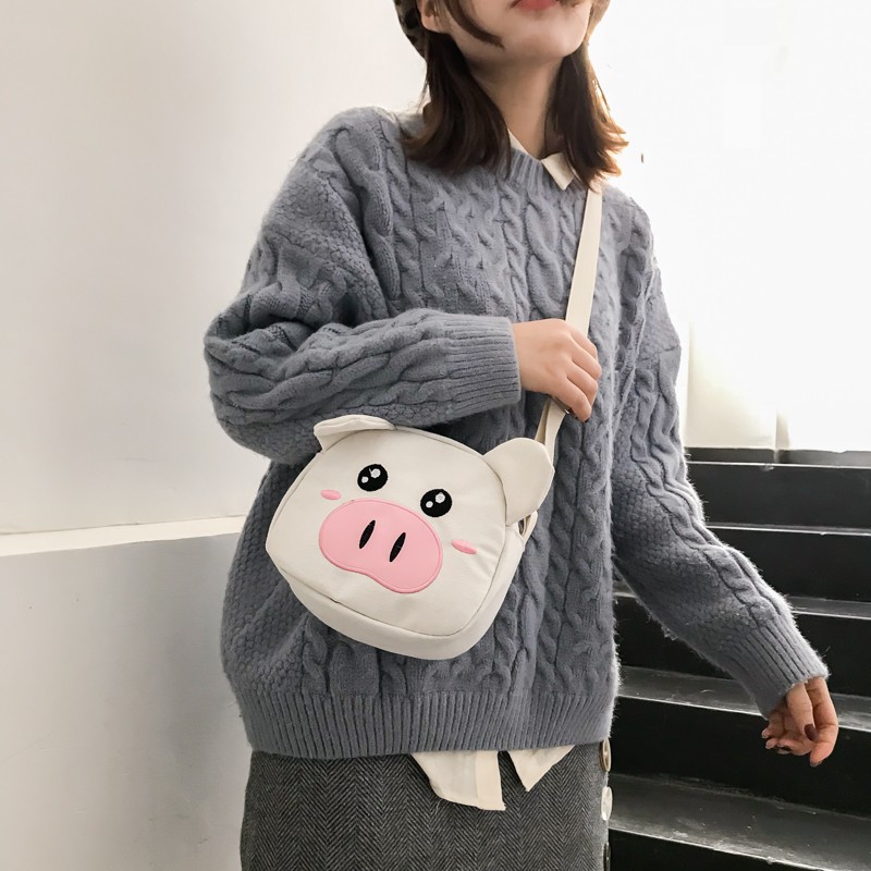 xspeedfashion(X868) กระเป๋าสะพายข้างผ้าแคนวาสน้องหมูอู๊ดๆน่ารักมุ้งมิ้ง