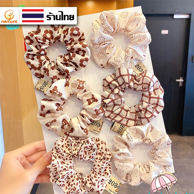 (A-251) ยางรัดผมทรงโดนัท ยางรัดผมสีขาว-น้ำตาล พิมพ์ลายน่ารัก ยางรัดผมผ้า ยางมัดผม เครื่องประดับผม ส่งเร็ว (เลือกลายได้)