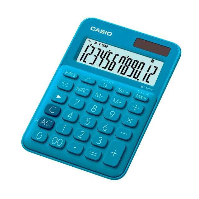 Casio Calculator เครื่องคิดเลข คาสิโอ รุ่น MS-20UC-BU แบบสีสัน ขนาดพอเหมาะ 12 หลัก สีฟ้า
