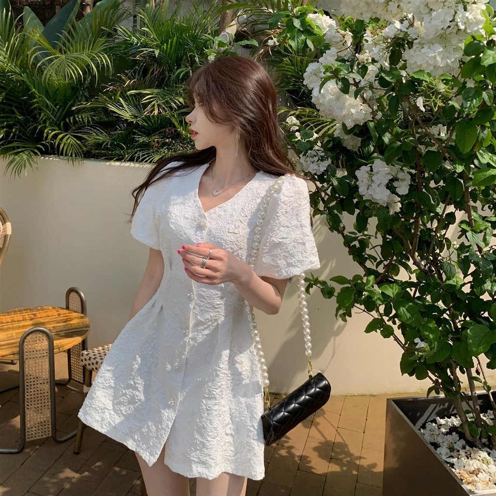 ชุดเดรส คอวี แขนพัฟ เอวสูง กระดุมแถวเดียว เดรส เปิดหลัง ลายนูน 3D สไตล์ฝรั่งเศส หรูหรา สําหรับผู้หญิง - รูปที่ 3