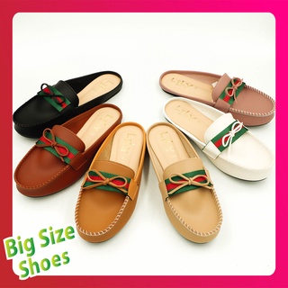 Big Size Shoes ไซส์ 41 - 45 รองเท้าคัทชูสวยๆ แบบเส้นคาดริบบิ้นผูกโบว์ เปิดส้น