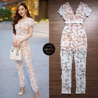 ARADA (อารดา):: จั้มสูทขายาว+เข็มขัด ผ้าลูกไม้ผ้าเนื้อดีเว่อร์ นุ่ม หนา