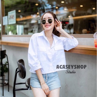 Acasey เสื้อเชิ้ตผู้หญิง ครอป แขนสามส่วน สไตล์ Zara เบาๆ