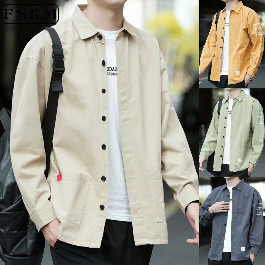 มี 5 สี เสื้อเชิ้ตผู้ชาย ทรงหลวม ขนาดใหญ่ สีกากี สไตล์ญี่ปุ่นวินเทจ เสื้อผู้ชาย