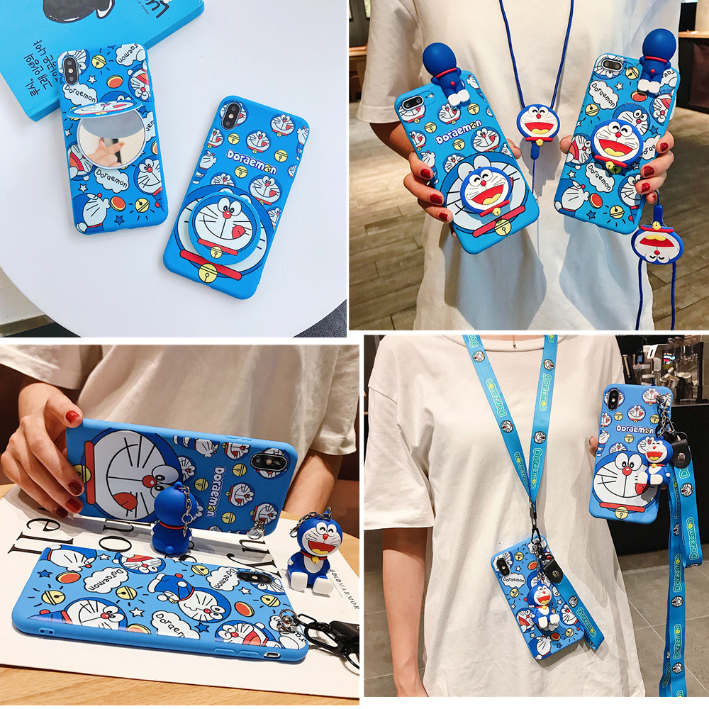 Samsung Galaxy S10 Plus S10E A10S A20S Casing 三维 น่ารักการ์ตูนโดราเอมอนของเล่นซิลิโคนอ่อนนุ่มกรณีผู้ถือปกพร้อมสายคล้องมือเชือกเส้นเล็กเชือกคอ