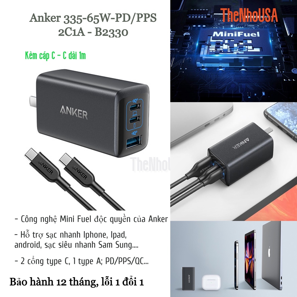 Anker PowerPort 335 3-Port 65W fast charger - B2330 - 2C1A- PD/PPS/QC [รับประกัน 12T]