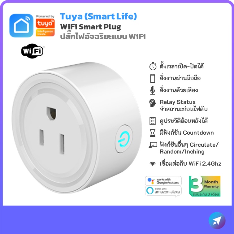 ปลั๊กไฟอัจฉริยะ Tuya Smart Plug WiFi สั่งงานผ่านแอป สั่งงานด้วยเสียง Google Home Alexa Siri