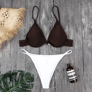 ชุดว่ายน้ำ รุ่น V String Underwire สีทูโทน (ขาว-กาแฟ)