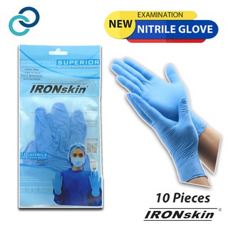 Ironskin ถุงมือไนไตร สีฟ้า สําหรับตรวจแพทย์ ทําความสะอาดทั่วไป 10 ชิ้น ต่อแพ็ค